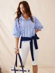 Cotton Striped Lantern Sleeve Collar Blouse