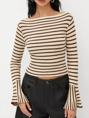 Knit Boat Neck Stripe Long Sleeve Crop Top