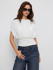 Draped Ruched Round Neckline Sleeveless Top