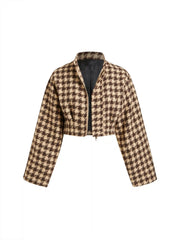 Jacquard Houndstooth Pleated Stand Collar Crop Jacket