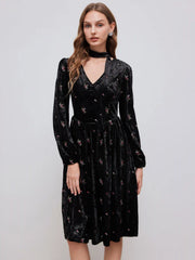 Velvet V-neck Floral Embroidery Midi Dress With Scarf