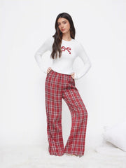 Bowknot Graphic Round Neckline Top & Plaid Mid Rise Elastic Waist Straight Leg Trousers Loungewear Set