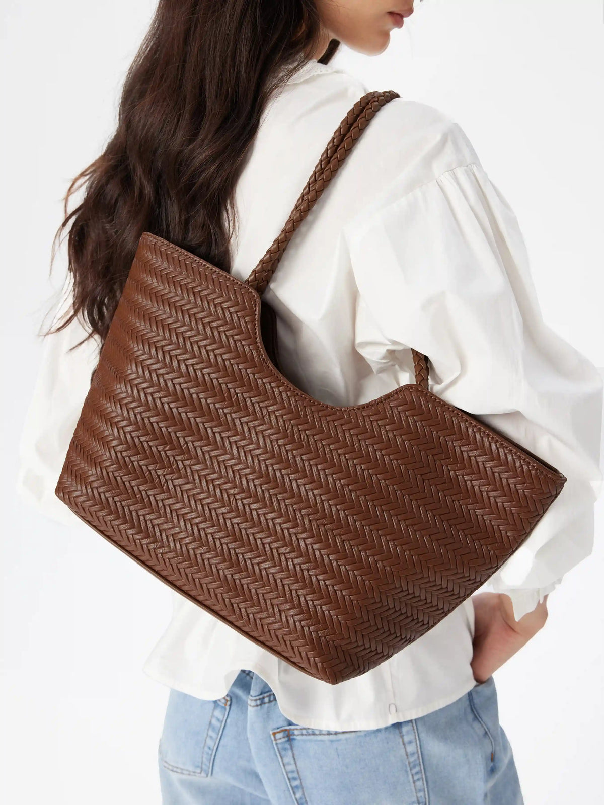 WOVEN TEXTURE FAUX LEATHER TOTE BAG