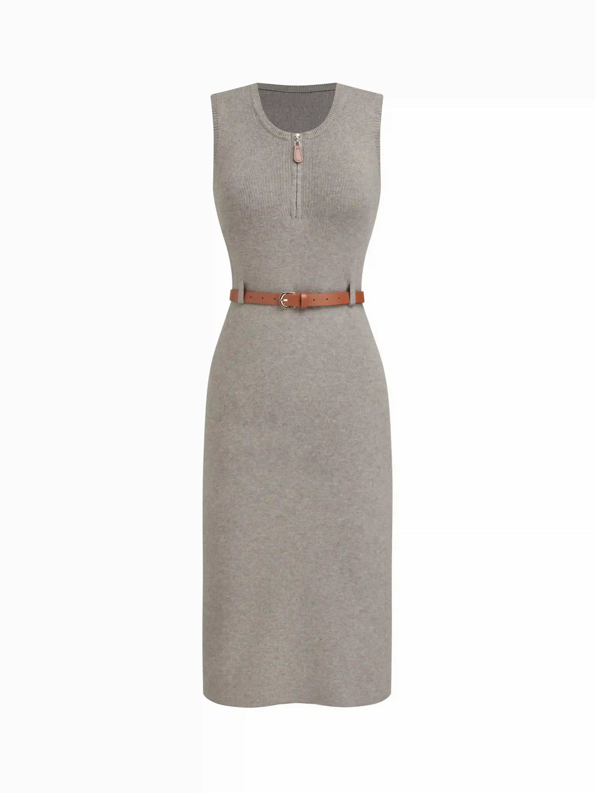 Knit U-neckline Half Zip Midi Dress With Belt
