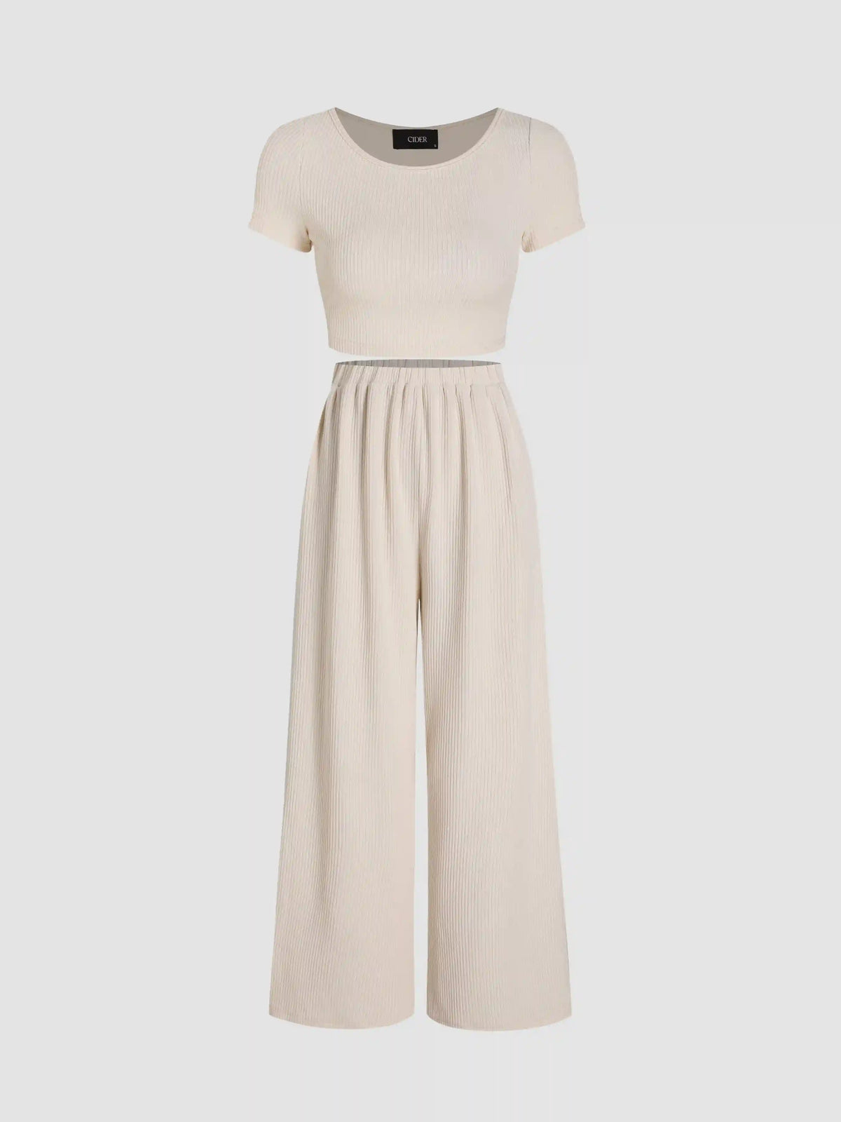 Knitted Short Sleeve Crop Top & Wide Leg Trousers Set