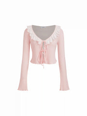 Cotton-blend V-neck Pointelle Tie Front Top & High Rise Lace Trim Bowknot Flare Trousers Loungewear Set