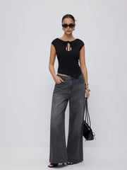 Textured Cut Out Drawstring Ruched Asymmetrical Hem Short Sleeve Top