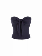 Cotton Pointelle Sweetheart Knotted Shirred Bandeau Top