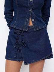 Denim Low Rise Knotted Wrap A-line Mini Skort