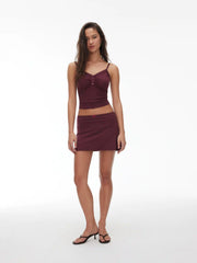 Cotton-blend Ruched Lace Trim Cami Top & Low Rise A-line Mini Skirt Set
