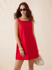 Linen-blend Boat Neck A-line High Rise Mini Dress