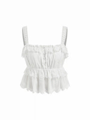 Cotton Square Neck Floral Lace Panel Button Ruffled Cami Top