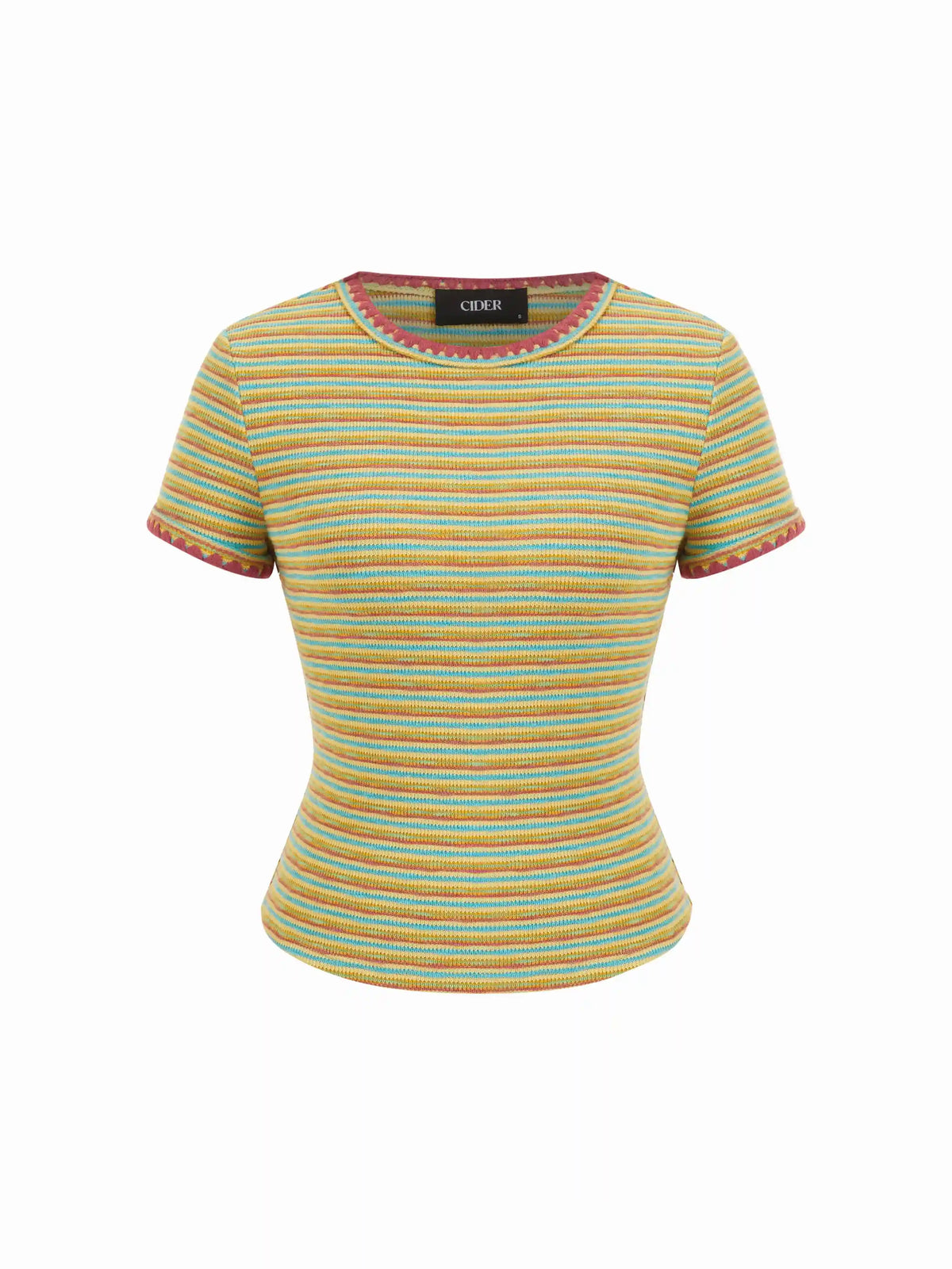 Textured Striped Color-block Scallop Trim Short Sleeve Top