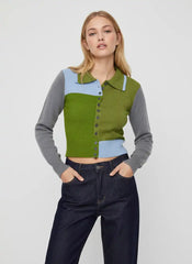Knit Colorblock Patchy Collar Long Sleeve Button Cardigan
