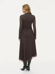 Mesh Stand Collar Ruched Lettuce Trim Maxi Dress