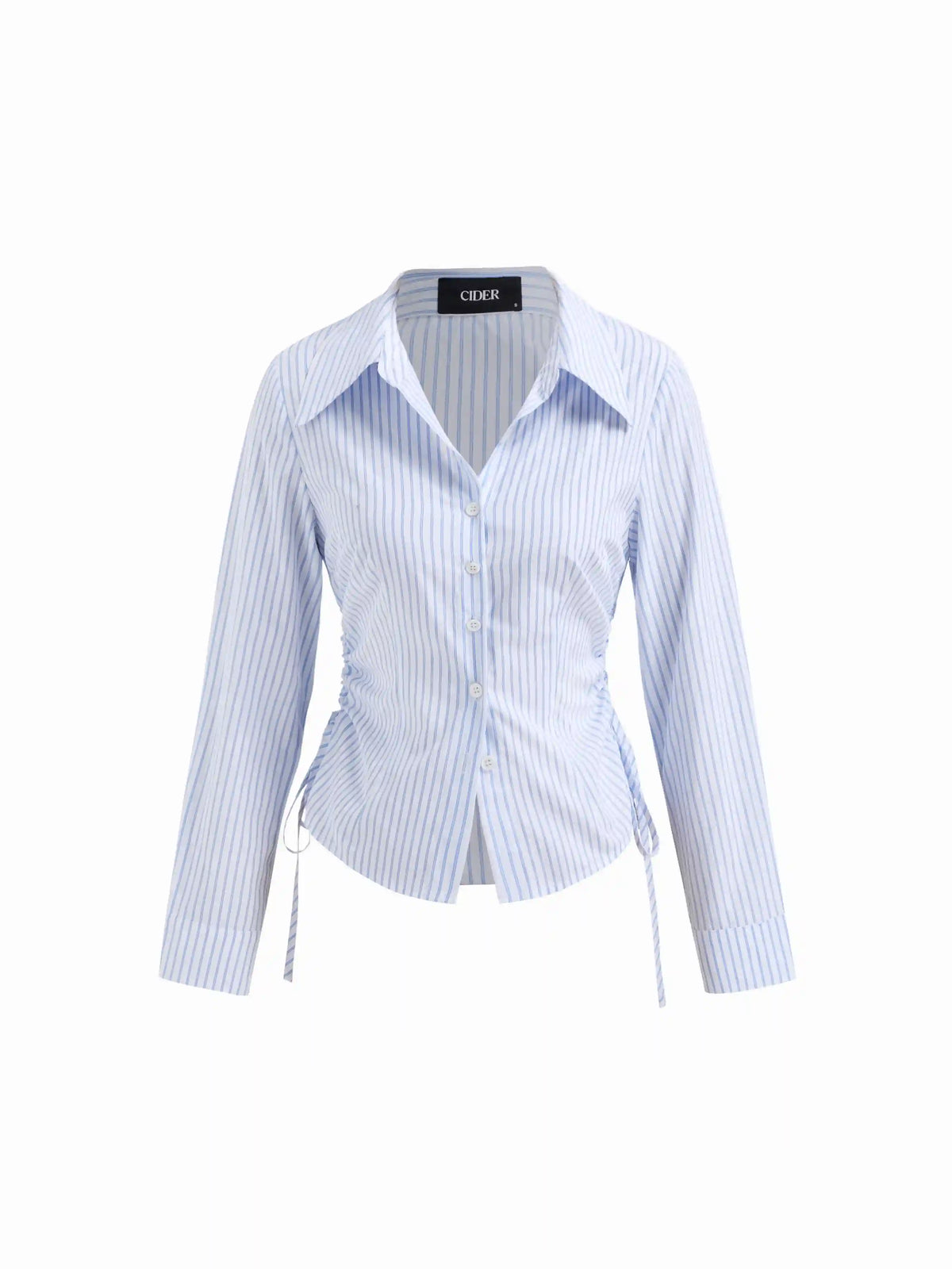 Cotton-blend Striped Collar Long Sleeve Drawstring Side Shirt