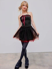 Contrasting Binding Bowknot Tulle Tube Mini Dress