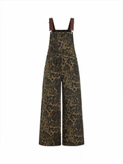 Petite Denim Leopard Graphic High Rise Oversized Wide Leg Overalls