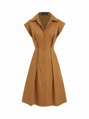 Cotton-blend Collar Cinched Waist Shirt Midi Dress
