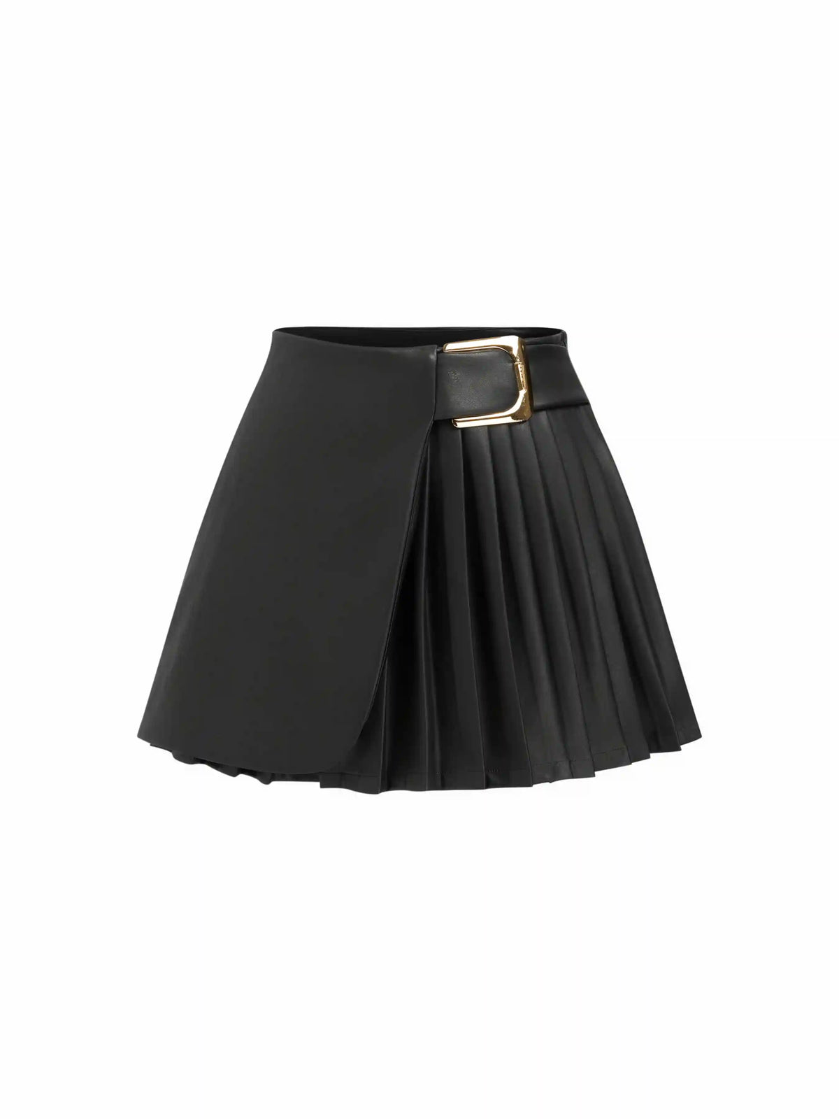 Faux Leather Mid Rise Pleated Buckle Mini Skirt