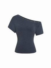 Textured Asymmetrical Neck Short Sleeve Metal Detail Top