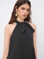 Chiffon Halter Neckline Polka Dot Knotted Oversized  Blouse