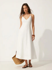 Linen-blend V-neck Twist Detail A-line Maxi Cami Dress