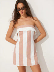 Linen-blend Striped Fold Over A-line Bandeau Mini Dress