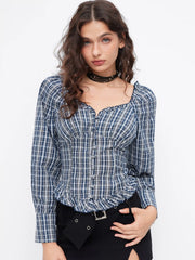 Cotton-blend Sweetheart Neckline Plaid Lettuce Trim Blouse