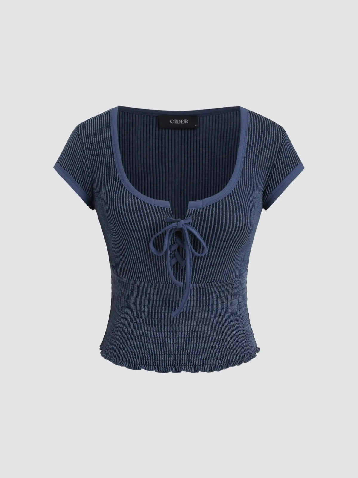 U-neckline Lace Up Shirred Tee
