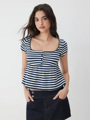 Cotton-blend Square Neck Stripe Button Lace Trim Peplum Hem Short Sleeve Tee