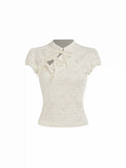 Lace Floral Stand Collar Bowknot Short Sleeve Top