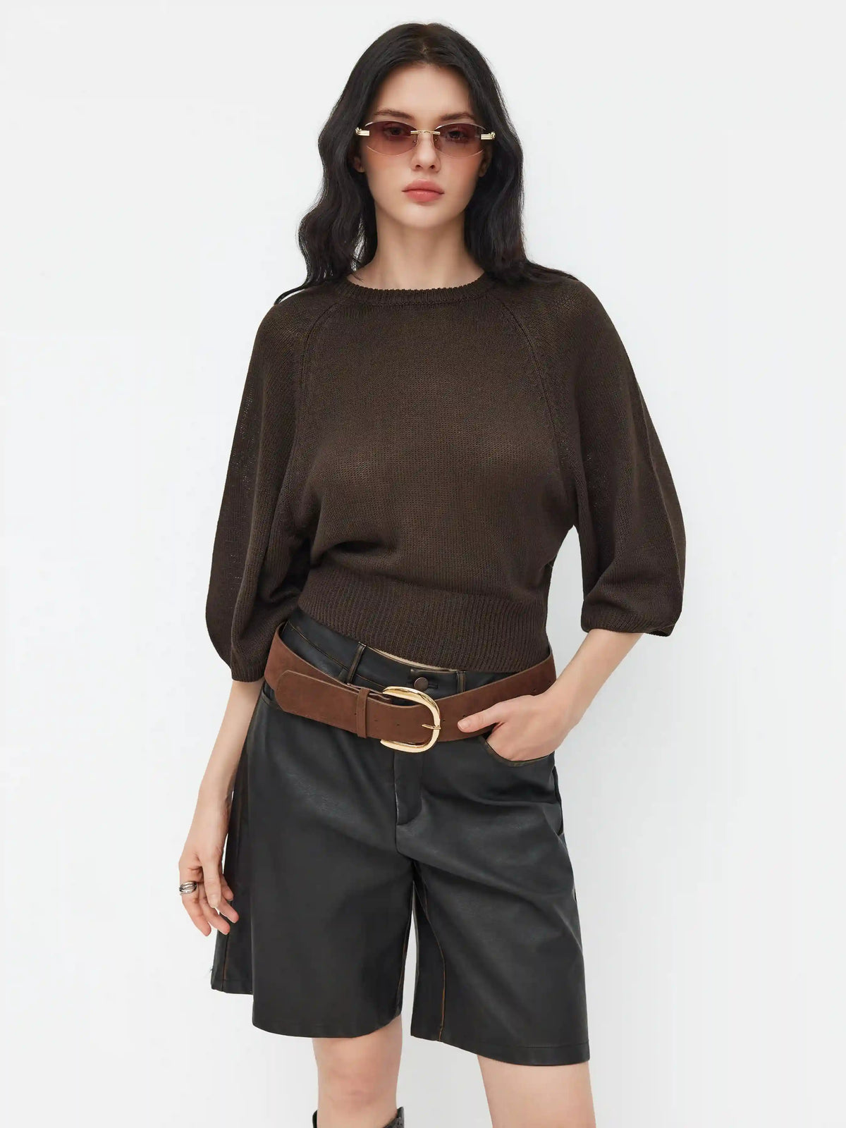 Knit Round Neck Lantern Sleeve Oversized Top