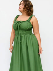 Linen-blend Lettuce Trim Knotted Shirred Cami Midi Dress Curve & Plus