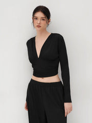V-neck Solid Ruched Long Sleeve Crop Top & Mid Rise Solid Wide Leg Trousers Set