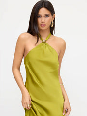 Satin Halter Neckline Metal Detail Backless Maxi Dress
