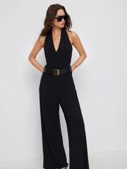 Halter Neckline Lace Trim Wide Leg Jumpsuit With Belt