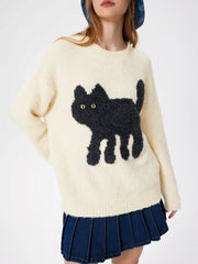 Wool-blend Round Neckline Cat Knitted Long Sleeve Sweater