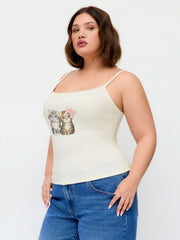Pointelle Cat Graphic U-neckline Lace Trim Bowknot Cami Top Curve & Plus