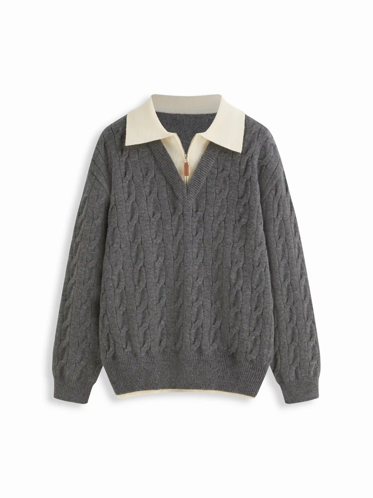 Cable Knit Collar Long Sleeve Two Tone Oversized Top