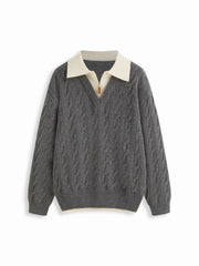 Cable Knit Collar Long Sleeve Two Tone Oversized Top