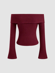 Brushed Fabric Off-shoulder Solid Long Sleeve Top