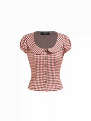 Red Gingham Peter Pan Collar Puff Sleeve Crop Blouse