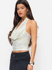 Cowl Neck Backless Crop Top With Solid Tube Top