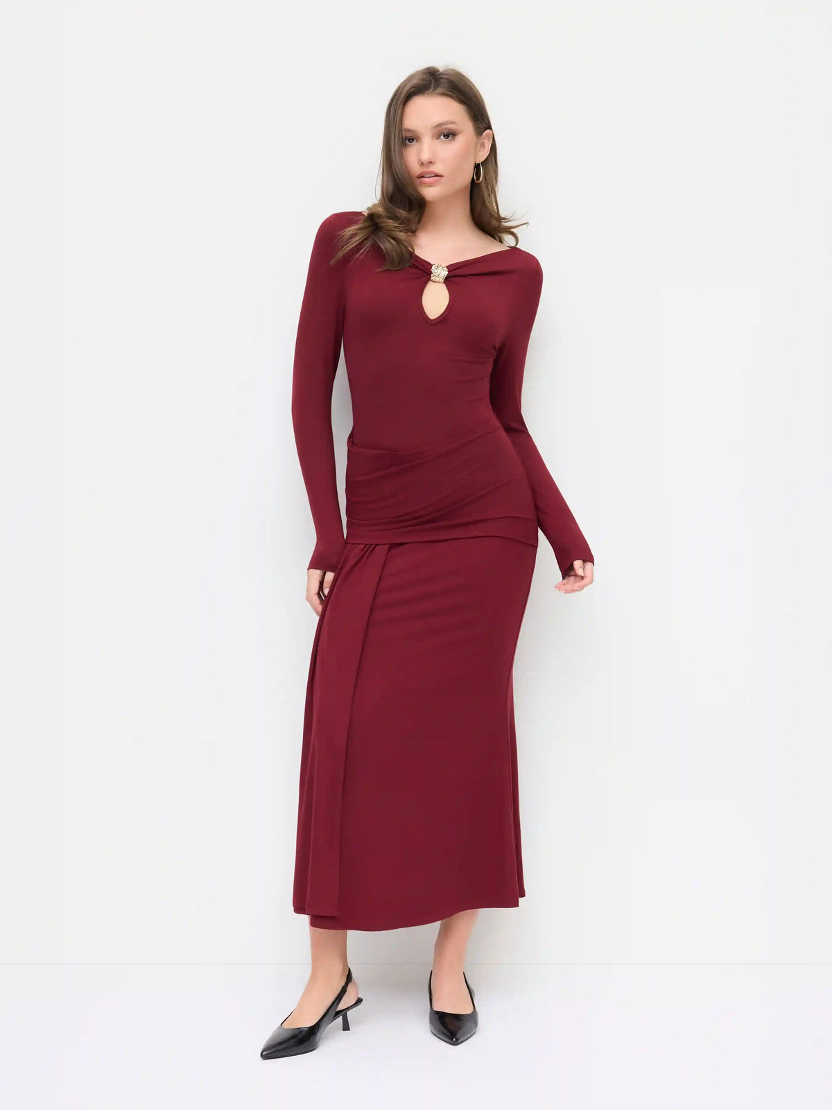 V-neck Ruched Cut Out Metal Detail Maxi Dress