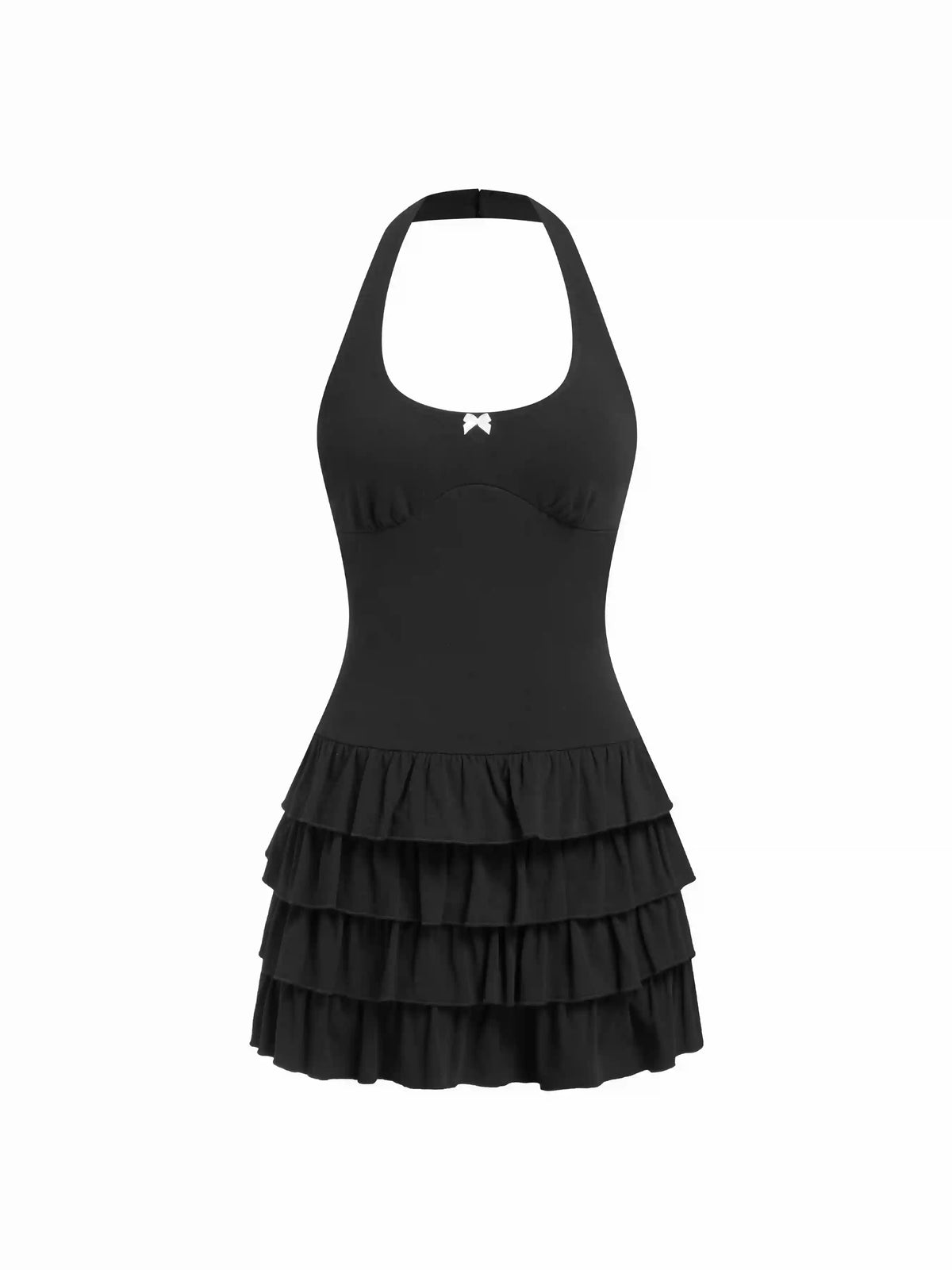 Cotton-blend Scoop Neck Bowknot Tiered Mini Dress
