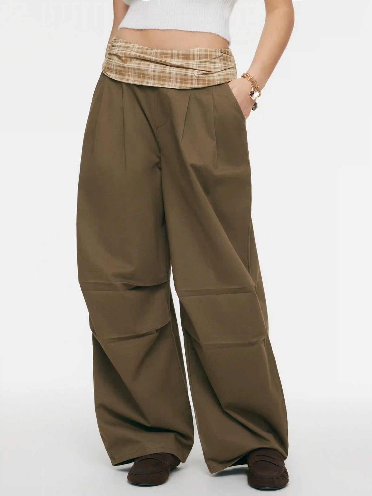 Denim Low Rise Tartan Patched Barrel-leg Jeans