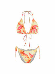 Halter Neckline Floral Ruched Lettuce Trim Tie Side Bikini Set