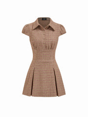 Collar Houndstooth Pleated Ruched Mini Dress