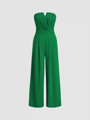 Woven Solid Shirred Pleated Straight Leg Jumpsuit